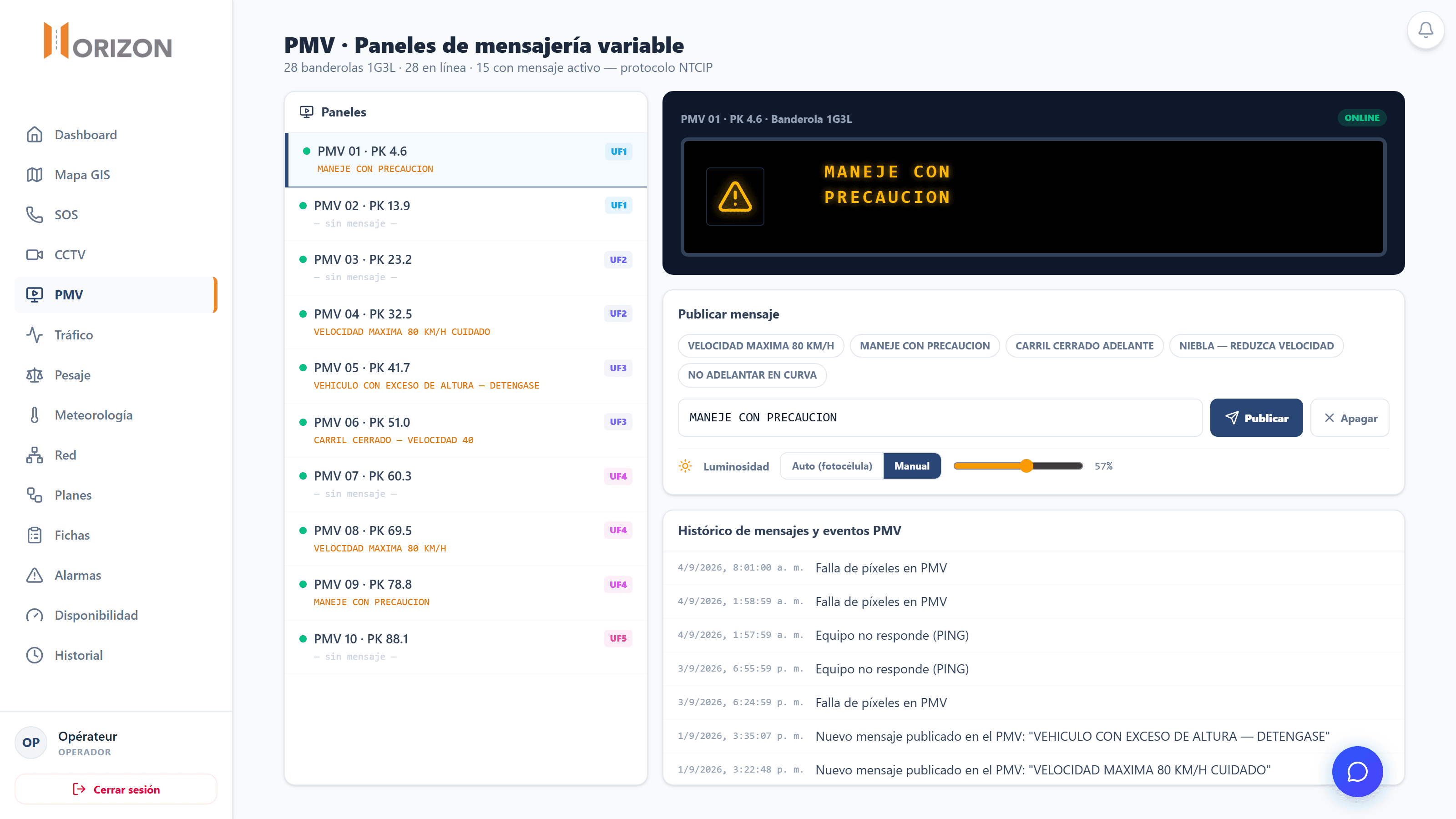 Horizon — módulo de paneles de mensajería variable