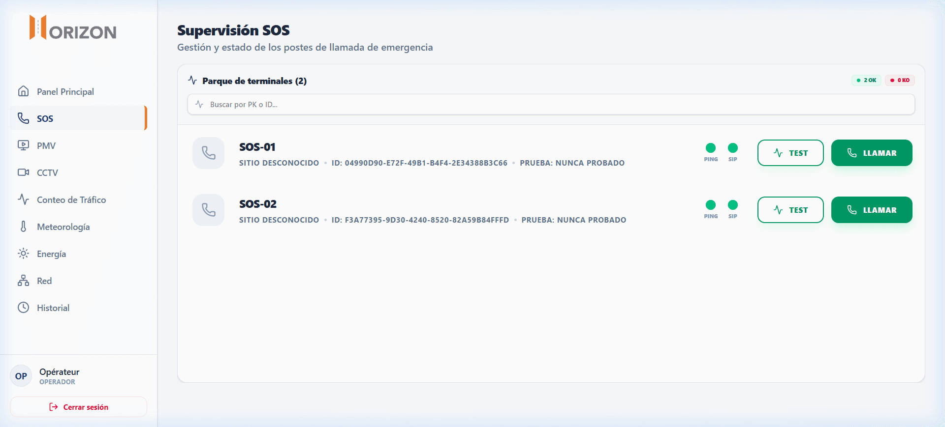 Horizon — supervisión y telefonía de los postes SOS: estado de red y SIP, prueba y llamada por terminal